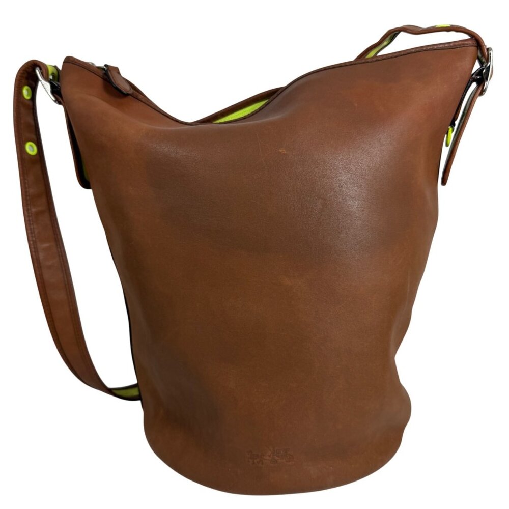 Coach Brown Leather Bucket Bag with Lime Accent